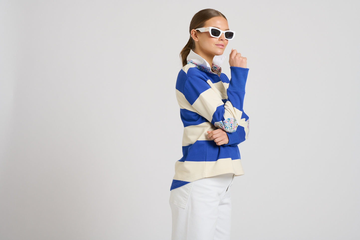 Rugby Cotton Sweatshirt - Royal Blue & Ivory