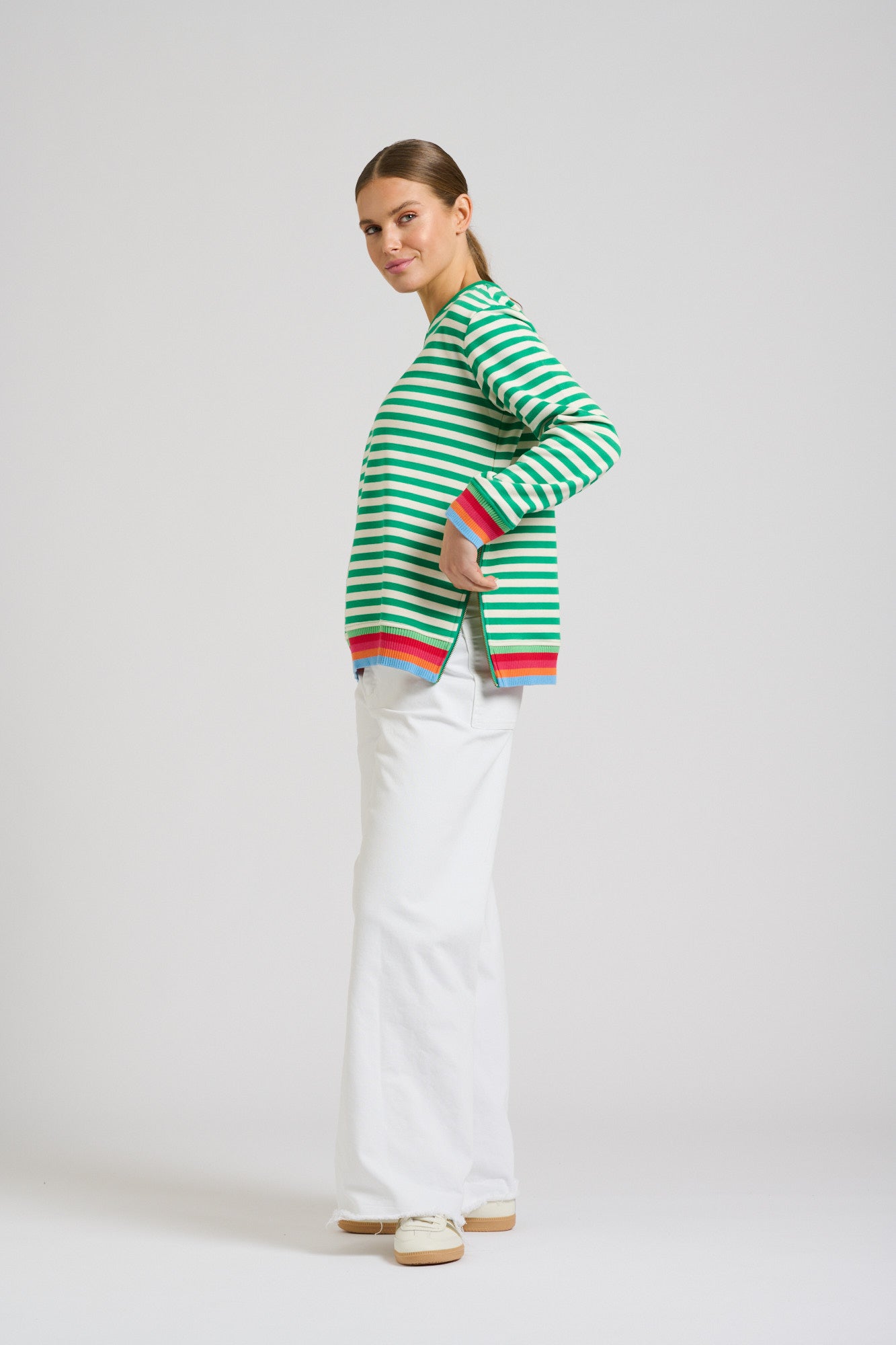 Zipside Classic Cotton Sweatshirt - Green Stripe/Rainbow
