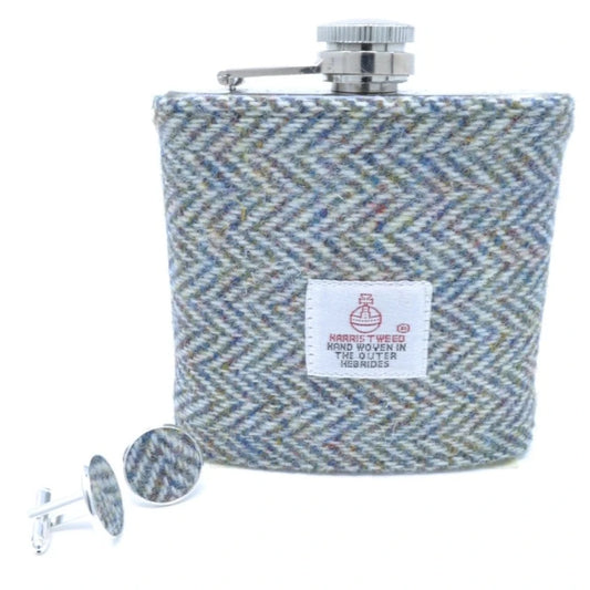 Harris Tweed Hip Flask & Matching Cufflinks Gift Set