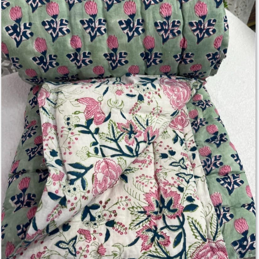 Green Lotus Block Printed Quilt