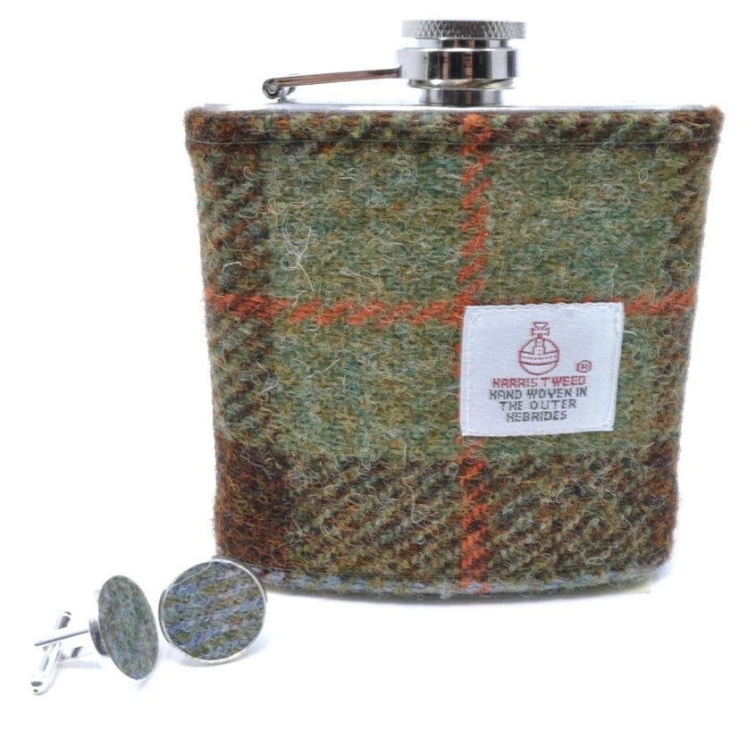 Harris Tweed Hip Flask & Matching Cufflinks Gift Set