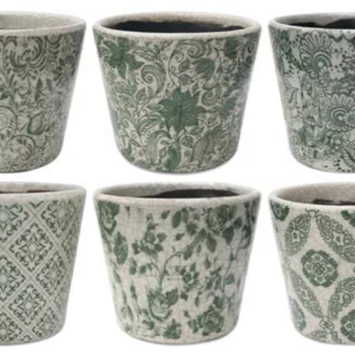 Vintage Floral Pot - Green & White