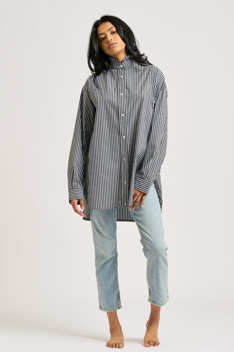 The Camilla Boyfriend Shirt Frill Collar - Black Stripe