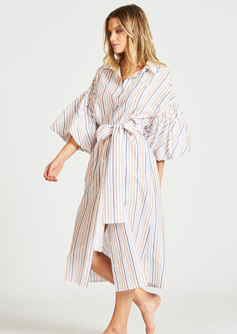 The Puff Sleeve Shirt Dress - Multi Stripe
