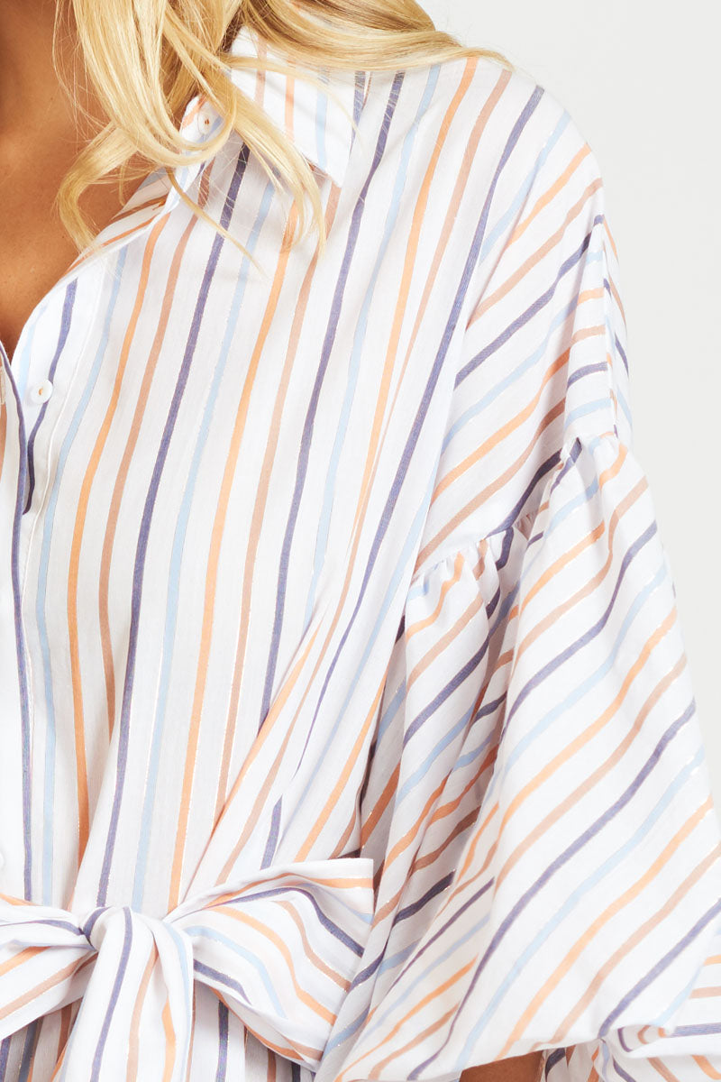 The Puff Sleeve Shirt Dress - Multi Stripe
