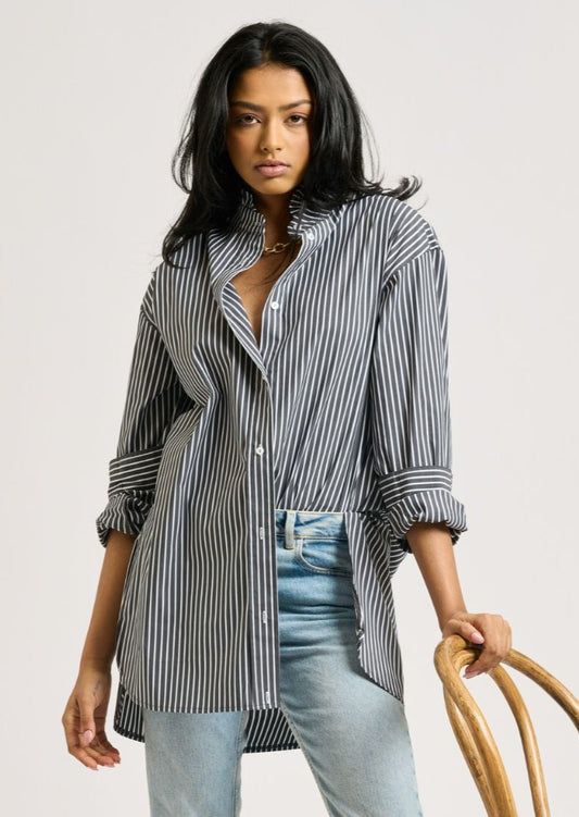 The Camilla Boyfriend Shirt Frill Collar - Black Stripe